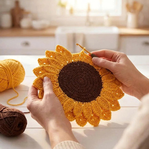 Lot de dessous-de-plat et sous-verres en crochet tournesol écologiques, faits main en fil de coton, résistants à la chaleur, style bohème pour cuisine et maison - Product Image 2