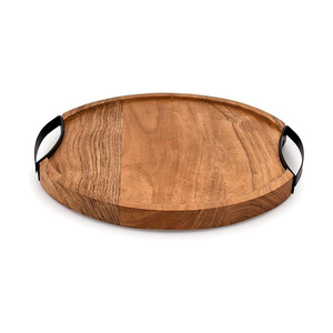 Wholesale Classic Round Mango Wood <b>Serving</b> <b>Tray</b> With <b>Black</b> Metal Handles Decorative Accent <b>Tray</b> For Home Hotel And Kitchen Decor - Product Image 6