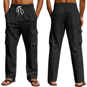 Pantalon en lin et coton gris pour homme, taille élastique avec cordon de serrage, plusieurs poches, coupe décontractée, respirant, pour l'été, style workwear - Product Image 2