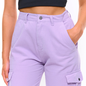 Pantalones Cargo Lavanda para Mujer, Cintura Media, Corte Holgado, Largos, Color Sólido, Estilo Casual, con Bolsillos, 100% Algodón, Transpirables, Pierna Ancha - Product Image 4