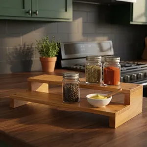 Étagère à épices en bois pour la cuisine, organisateur à 2 niveaux, étagère de rangement en bois rustique pour comptoir, pour les pots à épices, les bouteilles de masala - Product Image 6