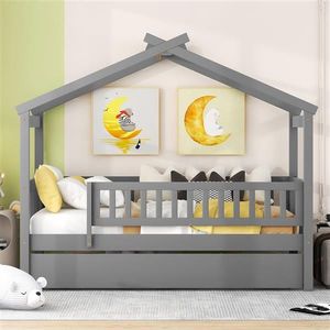 Twin Size Wooden <b>House</b> <b>Bed</b> with Gray Trundle Kids' <b>Bed</b> Set - Product Image 2