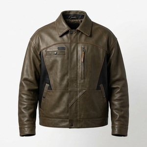 Chaqueta de Cuero Genuino Verde Oliva y Negro para Hombre, Estilo Utilitario, Abrigo de Invierno Resistente, Venta al Por Mayor OEM - Product Image 1