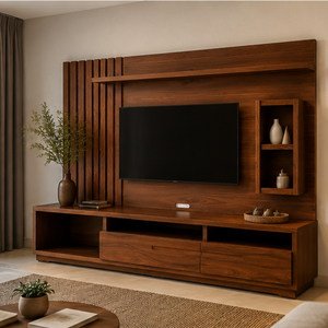 Meuble TV mural moderne en teck massif, console multimédia, centre de divertissement, meubles sur mesure pour hôtel, appartement, villa, salon - Product Image 4