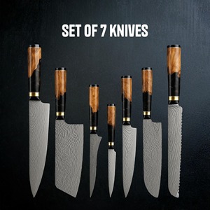 High Quality Handmade Stainless Steel Etched Blade Pattern Design Chef <b>Knife</b> <b>Set</b> 7-Piece Wood Handle Straight - Product Image 6