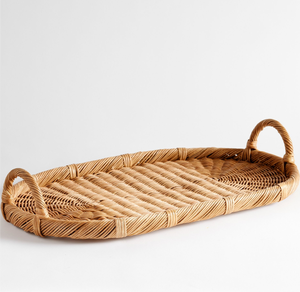 Modern Whitewashed Oval Rattan Tray Artisanal Wicker Storage <b>Basket</b> With Elegant Upright Handles For <b>Coffee</b> <b>Table</b> - Product Image 3