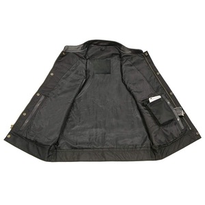 Chaleco de cuero genuino para hombre, estilo motociclista, con cuello alto, cierre de cremallera, bolsillos, color sólido, chaleco de cuero de color sólido. - Product Image 3
