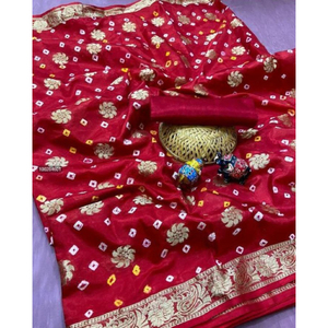 <b>Red</b> Banarasi Bandhej <b>Saree</b> Floral Solid Long Traditional <b>Saree</b> for Women Party Wear - Product Image 1