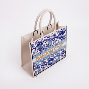 Bolso de Mano de Lona Palm Beach con Bordado Floral Azul, Bolso de Playa para Vacaciones de Verano - Product Image 3