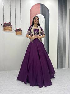 Purple Embroidered Lehenga Set Women Crop <b>Top</b> Blouse Jacket <b>Net</b> Skirt Wedding Party Outfit India Pakistan - Product Image 4