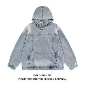 Logo imprimé personnalisé streetwear sans ficelle sweat à capuche en coton lavé à l'acide épais poids lourd surdimensionné denim sweat à capuche homme - Product Image 2