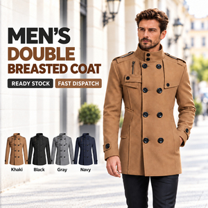 <b>Men's</b> Double Breasted Wool Overcoat Stand Collar Epaulets Long Slim Fit <b>Trench</b> <b>Coat</b> - Product Image 1