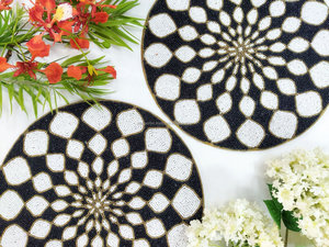 Black and White Geometric Mandala Beaded Placemat Gold Border <b>Round</b> Table Decor Modern Boutique Wholesale Artistry By PR India - Product Image 3