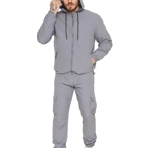 Men <b>Lightweight</b> Hooded Tracksuit Solid Gray Full Zip Casual Pants Set Side Pockets Spring Outdoor Wear For Men - Product Image 2