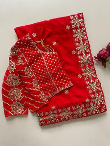 Luxury <b>Red</b> Organza Saree with Mirror Embroidery Work Designer Winter Wedding Party Wear Wrinkle Free Indian Saree for Women - Product Image 6