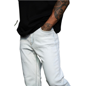 Jeans pour hommes OEM style streetwear en nylon et coton, coupe bootcut, déchirés, extensibles, avec rivets et boutons, pour l'hiver, style hip-hop décontracté - Product Image 4