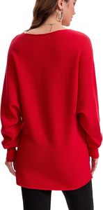 Pull en tricot surdimensionné rouge pour femme avec motif à pois pailletés, manches chauve-souris, col rond, haut long d'hiver - Product Image 6