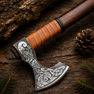 Hache à barbe viking nordique forgée à la main, gravée, type tomahawk, avec manche en bois et poignée en cuir, robuste, en acier forgé de 400 mm - Product Image 2