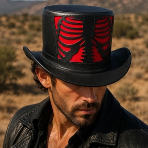 Sombrero de Copa Gótico Negro con Recortes de Huesos de Esqueleto y Forro Rojo, Disfraz Punk para Fiesta, Ajustable para Hombres, Mujeres y Adultos - Product Image 2