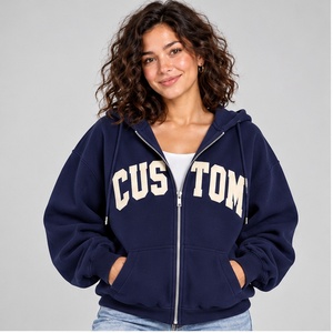 Wholesale <b>Navy</b> Blue Varsity Hoodie <b>Women</b> Unisex Oversized Zipper Sweatshirt Custom Applique Letter Printed Sports Team Jacket - Product Image 1