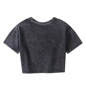 Camiseta corta de verano para mujer, negra, transpirable, con efecto desgastado, letras vintage bordadas, cuello redondo, lavado ácido, jersey, color liso. - Product Image 5