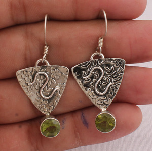 Natural Green Peridot Leaf <b>Earrings</b> in 925 <b>Silver</b> - Antique Finish Boho Foliage <b>Dangle</b> <b>Earrings</b> - Wholesale Artisan Jewelry - Product Image 2