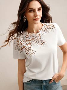 Camisetas de Mujer con Encaje Floral a la Moda 2026, Elegantes con Apliques Bordados, 100% Algodón, Camiseta de Lujo Informal para Verano, Venta al Por Mayor - Product Image 4