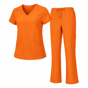 Red Medical Scrub Set <b>Womens</b> V Neck Short Sleeve Pocket Top Drawstring <b>Trousers</b> Nursing Uniform Hospital Clinic <b>Workwear</b> Ladies - Product Image 4