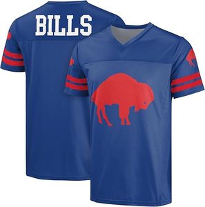 Buffalo Bills Blue V-Neck Jersey With <b>Red</b> Buffalo Logo And Striped Sleeves Polyester Material Durable Design - Product Image 1