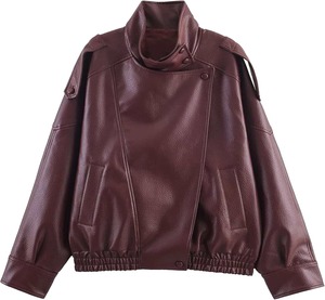 Chaqueta Bomber de Cuero Borgoña para Mujer, Estilo Vintage Oversize, Cuello Alto, Chaqueta Moto con Hombros Caídos, Ropa de Abrigo para Otoño e Invierno, EE. UU. - Product Image 1
