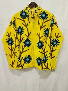<b>Yellow</b> Hand Embroidered Floral Jacket Stand Collar Woven Fabric Spring Women's <b>Coat</b> - Product Image 4