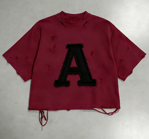 T-shirt court oversize rouge avec imprimé lettre A floquée blanche sur le devant, manches courtes, col rond, style streetwear, haut en jersey de coton pour homme - Product Image 3