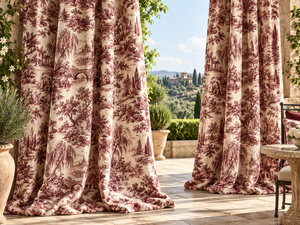 Cortinas Decorativas con Estampado de Paisaje Campestre, Tela Roja con Diseño Toile para Ventanas de Patio - Product Image 1