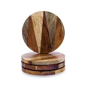 Multi-Wood Striped <b>Round</b> <b>Coaster</b> Set with Epoxy Resin Inlay Handmade Natural Grain Design 9-10cm Diameter From REHMAN CRAFT - Product Image 2