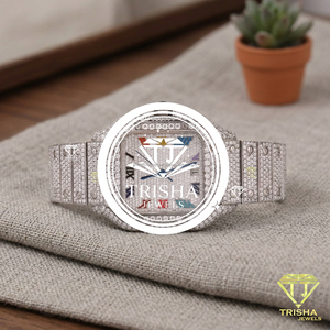 Reloj de Lujo con Diamantes Moissanite y Números Romanos Arcoíris, con Brazalete de Oro Blanco Totalmente Cubierto de Diamantes y Diseño Premium - Product Image 1