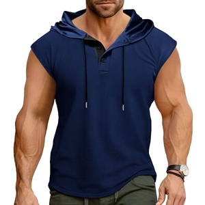 Plain Solid Woven Stylish Hoodies with Pocket Button <b>Design</b> Breathable Superior 100% Cotton Gym Hoodie for Summer Men New - Product Image 4