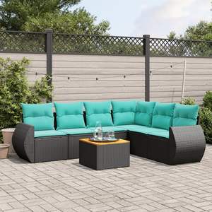 ชุดโซฟาลานบ้านหวายโพลีสีดำ 7 ชิ้นพร้อมชุดเบาะรองนั่งในสวน - Product Image 1