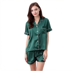 Ensemble de pyjama en satin de soie pour femme, deux pièces, vêtements de nuit et de détente, taille élastique, respirant, manches courtes, boutonné - Product Image 2