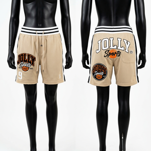 Shorts de basket athlétiques pour femmes, 220 GSM, maille polyester beige, panneaux noirs, broderie personnalisée, logo imprimé à l'écran - Product Image 2