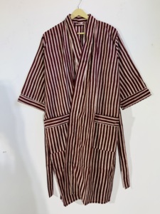 Bata Kimono de Algodón a Rayas Color Granate |   Bata informal de manga larga para estar en casa |   Albornoz para Mujer - Product Image 5