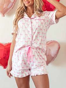 <span class=keywords><strong>Pigiama</strong></span> di Lusso in <span class=keywords><strong>Raso</strong></span> con Stampa a Fiocco per Donne, Maniche Corte, Set Due Pezzi in Seta Liscia Rosa e <span class=keywords><strong>Bianco</strong></span>, Abbigliamento da Notte - Product Image 2