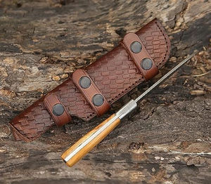 Couteau artisanal en acier Damas à lame pointue avec manche en bois et étui en cuir pour la chasse, couteaux à vendre - Product Image 3