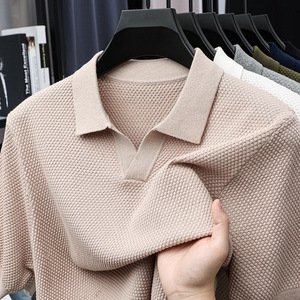 Men's Summer Breathable 100% Cotton <b>Waffle</b> Knitwear Vintage Johnny Collar Short Sleeve Color <b>Blocked</b> for Shirt Slim Fit - Product Image 5