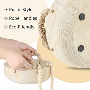Bol décoratif rond en bois avec poignée en corde et guirlande de perles en bois pour centre de table de Noël et décoration intérieure - Product Image 3