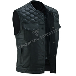 Gilet de moto en cuir véritable pour homme, coupe diamant, fermeture éclair, plusieurs poches, doublure intérieure en polyester - Product Image 3