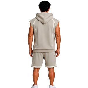 Mens Stone Grey <b>White</b> Sleeveless Hooded Tracksuit <b>Set</b> Custom Logo <b>Gym</b> Fitness Training Sports Hoodie And Shorts Activewear - Product Image 2