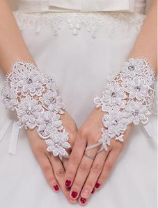 Gants de mariée sans doigts en dentelle avec appliques de strass et perles, 100 % polyester, collection 2019 - Product Image 3