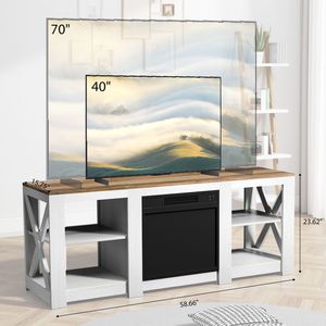 Meuble de cheminée double face de 58 pouces, finition blanc délavé, comptoir marron, meuble TV de 147,3 x 40 x 60 x 18 pouces, 18 pouces - Product Image 3