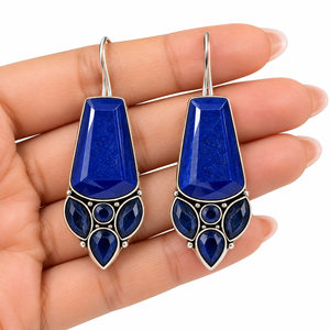 Pendientes Colgantes de Moda de Plata Oxidada y Latón con Piedra Azul |   Joyería Étnica Boho para Fiestas |   Suministro al por Mayor - Product Image 3