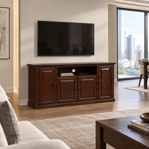 Meuble TV en bois massif avec portes de rangement et étagère ouverte, console multimédia moderne pour salon, mobilier d'hôtel - Product Image 4